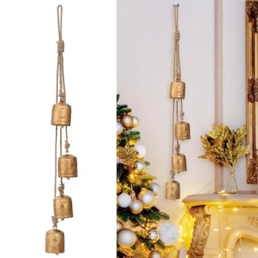 Imagem de Sinos dourados vintage para decorações de Natal: Sinos de Natal grandes com corda de suspensão de juta - Sinos decorativos rústicos de metal para pendurar sinos para guirlanda de Natal, guirlanda de