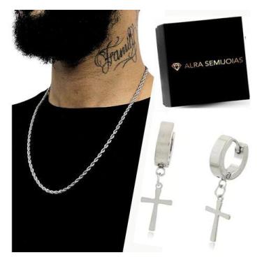 Imagem de Corrente Trançado + Par Brincos Masculino Cruz Aço Inox Kit - ALRA SEM