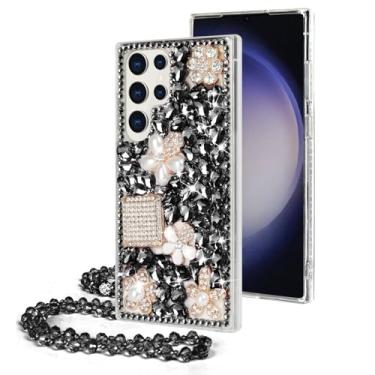 Imagem de Losin Compatível com Galaxy S24 Plus Bling Case Luxuoso 3D Diamante Cristal Strass Pedra Preciosa Frasco de Perfume e Flor Capa para Mulheres Meninas Glitter Cinta Corrente Brilhante, Preto