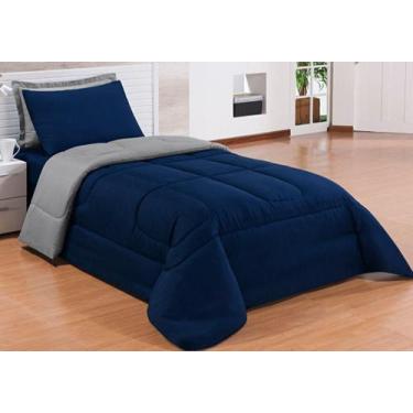 Imagem de Kit ternura edredom solteiro dupla face azul marinho com cinza - Edoba