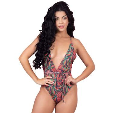 Imagem de Maiô Body Vekyo 6 Amarrações Estampado Sem Bojo Praia, M, Vermelho, Fe