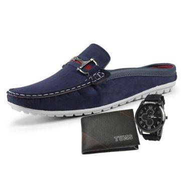 Imagem de  Mocassim Mule Masculino Em Camurça Azul LA FAIRE Com Carteira Slim TU