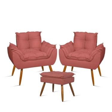 Imagem de Kit Luxo 02 Poltronas Amamentação Suede + 1 Puff Pés Palito Cor:rosa Rosa