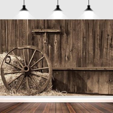 Imagem de 2,1 x 1,5 m Pano de fundo de celeiro de fazenda antigo de madeira para porta de celeiro fardos de feno palheiro fundo de fotografia tema de fazenda decoração de festa crianças adultos retratos de