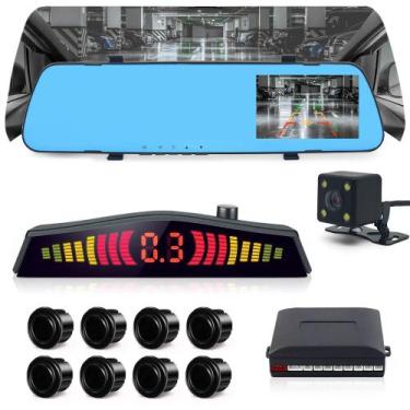 Imagem de Kit Retrovisor C/ Tela + Câmera Ré + Sensor 8 Pontos Preto Celta 2006 