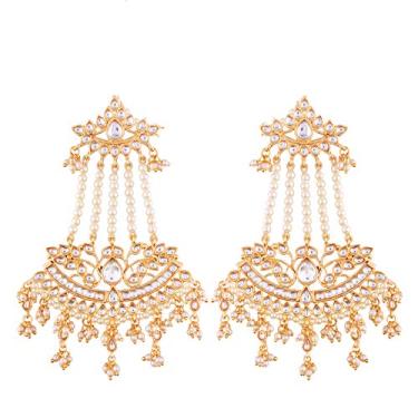 Imagem de I Jewels Brinco feminino banhado a ouro indiano Bollywood Kundan Pearl Dangler Paasa (E2636-1), Metal Pérola