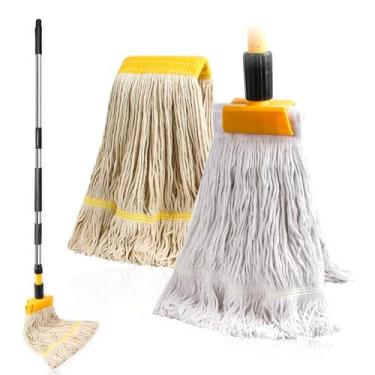 Imagem de Esfregão de corda de 590 ml resistente para limpeza de piso, refis de esfregão úmido de algodão com ponta em laço, 2 unidades de cabeças de substituição de esfregão comercial industrial com alça longa