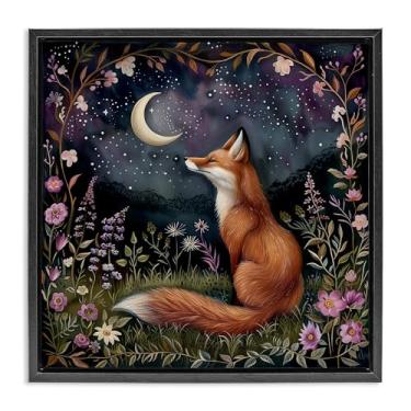 Imagem de Stupell Industries Woodland Fox Night Forest Framed Floater Canvas Wall Art Design by The Dutch Lady, moldura flutuante preta, 63 x 63 cm