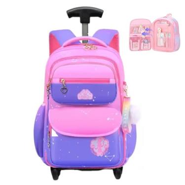 Imagem de Mochila de carrinho Rodinhas Infantil Imperme?vel e com Grande Capacidade, mochila escolar para crian?as de 6 a 13 Anos (princesa rosa com azul)