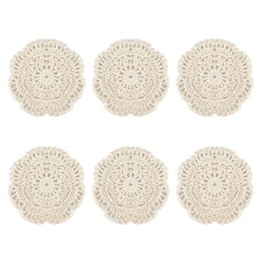 Imagem de pson 6 peças de toalhas redondas de crochê de 10 cm, porta-copos artesanais bege, jogos americanos de mesa de renda para festas, aniversários, mesas de jantar