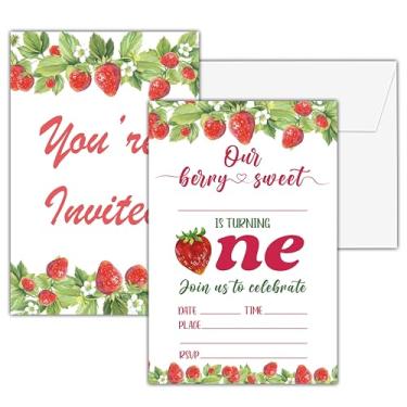 Imagem de Convites de aniversário de morango, 25 cartões de convite de festa dupla face com 25 envelopes, convites de festa infantil suprimentos de decoração de celebração - A06