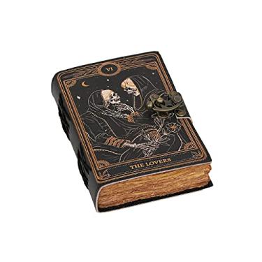 Imagem de Caderno de couro Book of Spells Deckle Edge Paper Grimoire impresso Diário The Lovers Tarot caderno espiral gótico caderno amante de caveira antigo vintage diário de couro para homens e mulheres