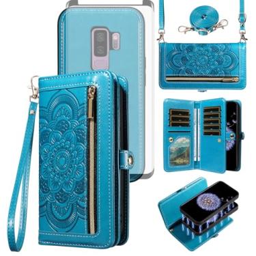 Imagem de Asuwish Capa de celular para Samsung Galaxy S9 Plus com zíper carteira magnética destacável com protetor de tela de vidro temperado, alça transversal, porta-cartões de flores S9+ 9S 9+ S 9 9plus