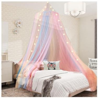 Imagem de NYDECOR Cama de Dossel Arco-Íris para Meninas com Luzes, Cama de Dossel Princesa para Meninas, Mosquiteiro para Solteiro, Solteiro, Queen Size, Canto de Leitura, Cortinas de Cama, Decoração de Quarto