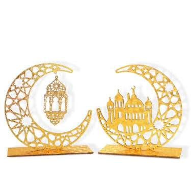 Imagem de hhdatc Decorações de Ramadã de madeira decoração islâmica Umrah Mubarak Eid placas de mesa lua com lua dourada e ornamentos de estrela oca para festa muçulmana e decoração de casa