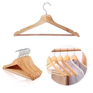 Imagem de Kit 12 Cabides de Madeira Verniz Premium Roupas Pesadas Casacos Terno Calças Vestidos