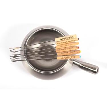 Imagem de Conjunto oficial de fondue de 8 peças, panela de aço inoxidável com forro e 6 garfos de fondue para queijo, chocolate e caldo.