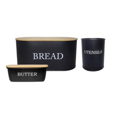 Imagem de Porta Pao Manteigueira Porta Utensilios Pote Aço Preto Bambu - CASACHA