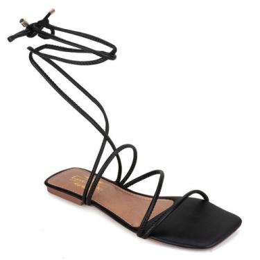 Imagem de Sandália Rasteira Feminina Delicada Preta de Amarrar - Rizzicomercio, 