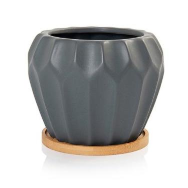 Imagem de Vaso Cachepot Geometric com Prato de Bambu Cinza Fosco Pozzani