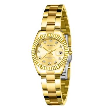 Imagem de OXFANITE Relógios femininos modernos, pequenos, dourados, analógicos, quartzo, à prova d'água, aço inoxidável, com data, vestido de luxo de diamante, relógio feminino 9105 dourado