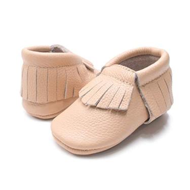 Imagem de HONGTEYA Mocassins de couro para bebês Mocassins de sola rígida com borla para berço para meninos e meninas, Light-khaki, 12-18 Months Infant