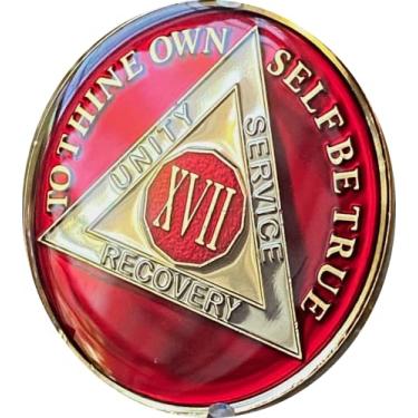 Imagem de Medalhão AA 17 anos metálico mandarim vermelho sobriedade chip serenidade oração costas XVII