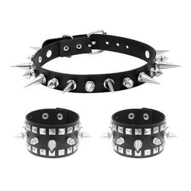 Imagem de Dlknp Colar de couro punk preto cravejado, pulseira de pedra e colar gargantilha para mulheres e homens, conjunto de joias emo, 16.5 Inches, Metal, Sem Pedra Preciosa