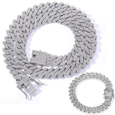 Imagem de EMESLY Corrente de elos cubanos Miami / Colar de prata (40, 46, 50, 56, 61, 76 cm); pulseira hip hop (comprimento de 20 cm) para homens e mulheres; joia perfeita para presente brilhante, 16.0 Inches
