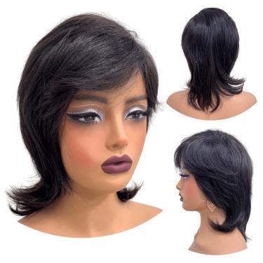 Imagem de Peruca Humana Média Castanho Escuro Franja Repicada Mullets