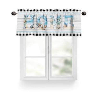 Imagem de Cortina sanitária Coastal Home para janelas, oceano, praia, estrela-do-mar, casco rústico, madeira, preto, branco, xadrez, sanefas, bolso para varão, tratamentos de janela, cortinas curtas para