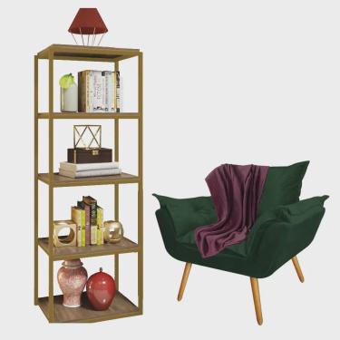 Imagem de Kit Poltrona Fatte com Manta Soft Bordô e Estante Livreiro Ferro Dourado mdf Freijó Suede Verde Musgo - Ahz Móveis