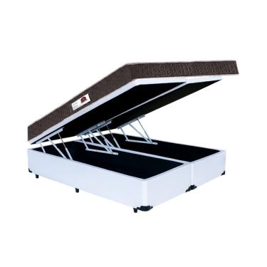 Imagem de Cama Box Baú Queen Colchão Espuma D45 Bordado + Box Bipartido Sintético Branco Serra Negra 62x158x198