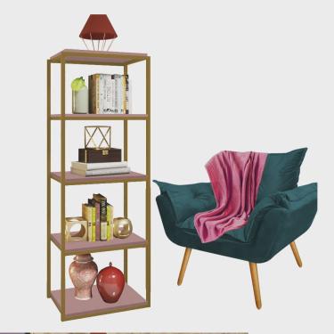 Imagem de Kit Poltrona Fatte com Manta Soft e Estante Livreiro Ferro Dourado mdf Rose Suede Azul Turquesa - Ahazzo Móveis