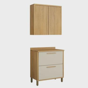 Imagem de Conjunto de Cozinha Armário Aéreo 80cm 2 Portas Ripado e Balcão 2 Portas 80cm Torino