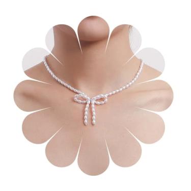 Imagem de Iaceble Colar gargantilha de pérola com laço boho, colar de pérolas brancas, corrente com pingente de laço, colar de gravata borboleta, colar de miçangas, colar de laço vazado, joia feminina, Zinco