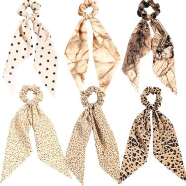 Imagem de Cachecol feminino bege amarelo para laços de fita de cabelo elásticos de laço com cauda, elásticos de chiffon floral de bolinhas elásticos de cabelo longo amarrados para rabo de cavalo (6 peças de