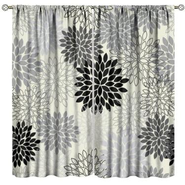 Imagem de Cortinas de flores cinza rústicas, estilo vintage, floral, preto, branco, tratamentos de janela para quarto, sala de estar, cozinha, escritório, primavera, flores, janelas, 2 painéis, tamanho total