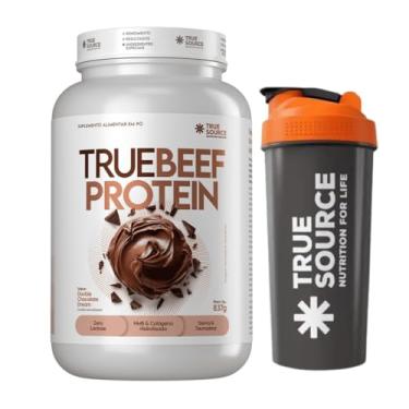 Imagem de Beef Protein (837g) - True Source Sabor:Chocolate Dream + Coqueteleira Preta com Laranja (600ml)