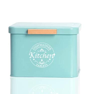 Imagem de SACREDAY Recipiente Para Lava-Louças Com Tampa Articulada. Suporte Em Metal Estilo Fazenda Organizador De Armários Cozinha. Decoração E Acessórios Modernos Armazenamento Pastilhas Detergente (Verde)