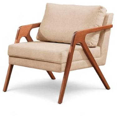 Imagem de Poltrona Decorativa para sala Mona Luxo em Linho Bege e Pés em Madeira