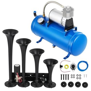 Imagem de Kit de buzina de trem para caminhões, buzina de ar trompete 150DB 4 com tanque de 1,6 galão e compressor de 150 PSI, buzina de trem de caminhão alto para picape, SUV, RV, motocicleta, semi e mais, kit
