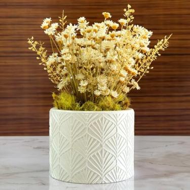 Imagem de Arranjo de Flores Sempre-Vivas Naturais em Vaso Decorativo, 15 cm, Branco com Padrão Art Déco (1)