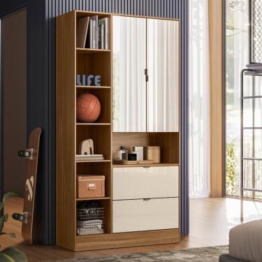 Imagem de Armário Multiuso 2 Portas 2 Gavetas Com Espelho Joy Amêndola Touch/off-white
