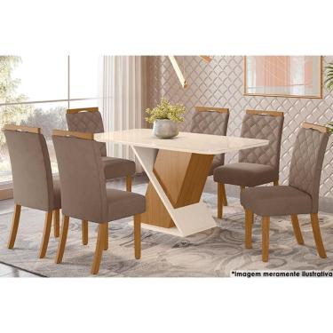 Imagem de Sala De Jantar Tampo Curvo com Vidro 160x90cm E 6 Cadeiras Bella Nature marrom Amêndoa
