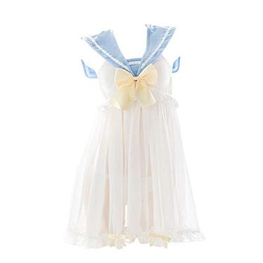Imagem de Jilneed Lolita Conjunto de lingerie anime cosplay feminino sexy gola marinheiro uniforme vestido bonito de renda Babydoll camisola camisola (branco, azul, tamanho único)