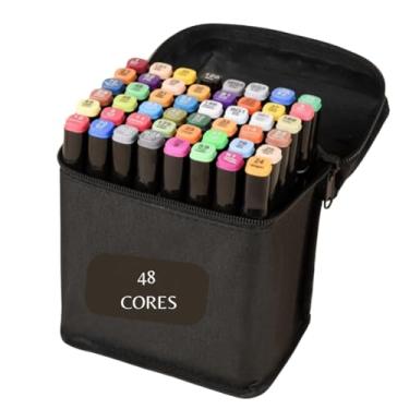 Imagem de Kit de Canetas Coloridas 48 Unidades ? Ponta Dupla Brush Pen e Fineliner ? Canetas Touch e Marcadores Cores Vibrantes ? Estojo Preto ou Transparente para Desenho, Lettering e Artes
