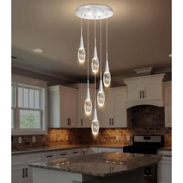Imagem de cenozo Luminária Pendente Ajustável Com 6 Luzes Para Ilha De Cozinha, Led Regulável, Moderna, Glam, Cristal, Iluminação Suspensa, Sala Jantar, Quarto, Prata