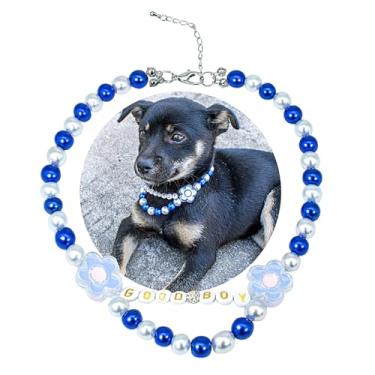 Imagem de SM4BED Colar de pérolas para cães e gatos, contas azuis com bom menino e flores fofas, joias ajustáveis para filhotes de estimação de tamanho médio e grande, G 35 cm