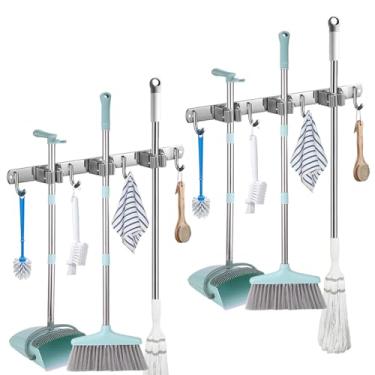 Imagem de Astrogeat Suporte De Parede Para Esfregão E Vassoura, Cabide Aço Inoxidável, Organizador Ferramentas Jardim Garagem, Armário, Lavanderia, Cozinha (3 Prateleiras Com 4 Ganchos, Prata)